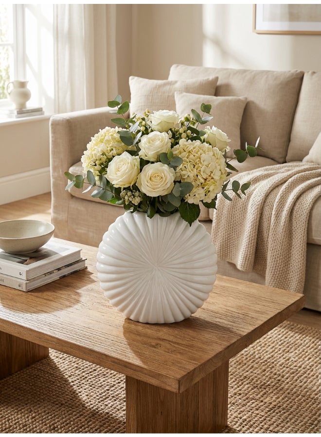 ايست من نون Ceramic Vase for Floral Decorative arrangement, Ht-23.5 cm | Shiny White Color | Sunburst Glaze Design | Size -25.5x6x23.5 cm | Perfect for decorativing your living room, Ideal for decorating coffee table, dinning table, console table or any office or living space - Image 2